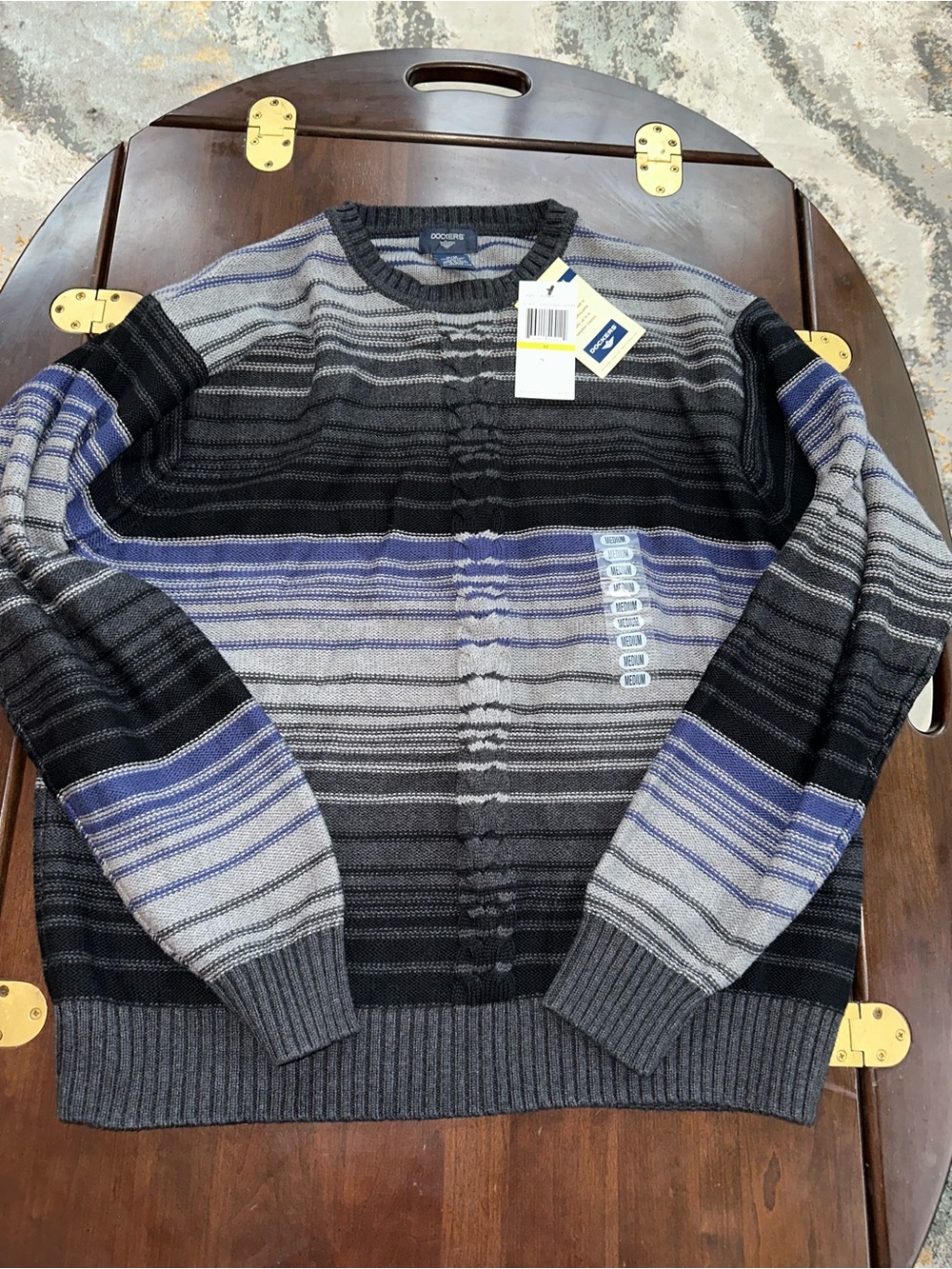 Dockers Men’s Striped Crewneck Sweater in Gray, Black & Blue